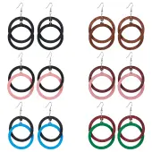 6 Pairs 6 Colors Wood Double Ring Dangle Earrings with Iron Pins for Women