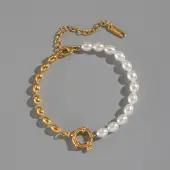 Fashion Plastic Pearl & 304 Stainless Steel Oval Beaded Link Bracelets for Women