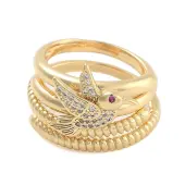 Brass Micro Pave Cubic Zirconia Bird Open Cuff Rings Set for Women