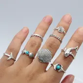 8Pcs Alloy with Synthetic Turquoise Finger Rings