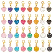 64Pcs 16 Styles Heart & Flat Round Smiling Face Alloy Enamel Pendant Decorations