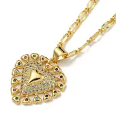 Brass Micro Pave Colorful Cubic Zirconia Peach Heart Pendant Necklaces for Women