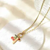 304 Stainless Steel Red Enamel and Siam Rhinestone Cherry Pendant Necklaces for Women