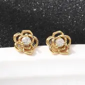 Flower Brass Micro Pave Clear Cubic Zirconia Stud Earrings