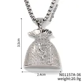 Shiny Hip-hop Style Brass Crystal Rhinestone Dollar Money Bag Pendant Box Chain Necklaces