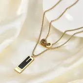 Ion Plating(IP) 304 Stainless Steel Black Enamel Rectangle Pendant Chain Necklaces for Women