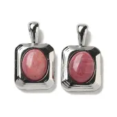 Brass Pave Natural Rhodonite Rectangle Pendants
