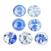 Blue and White Floral Printed Glass Cabochons