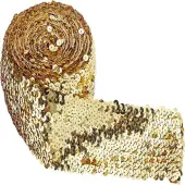 FINGERINSPIRE 5.5 Yards Sequin Trim Elastic Sequin Ribbon Flat Sequins Paillette Lace Trim 75mm Gold Metallic Stretch Trim Bling Fabric...