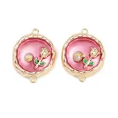 Brass Enamel & Natural Pearl Flat Round with Flower Connector Charms