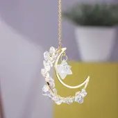 Natural Quartz Crystal Chip Wire Wrapped Metal Moon Hanging Ornaments