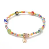 Seed & Millefiori Glass Beaded Stretch Bracelet with Brass Star Charms for Women