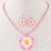 Flower Polymer Clay with Wax Cord Pendant Necklaces & Dangle Earrings Sets