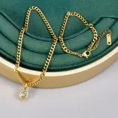 Oval Stainless Steel Clear Cubic Zirconia Pendant Necklaces & Curb Chain Bracelets Sets