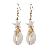 Starfish Brass with Synthetic Turquoise & Cowrie Shell Dangle Earrings