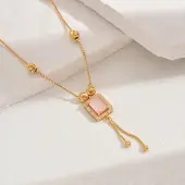 Fashionable Vintage Brass & Glass Tassel Rectangle Pendant Necklaces for Women