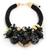 Flower Butterfly Ring Acrylic & Wood Pendant 2-Strand Cotton Cord Bib Necklaces for Women