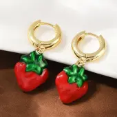 Strawberry Brass Enamel Hoop Earrings
