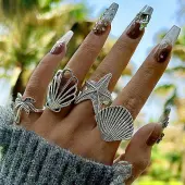 4Pcs 4 Styles Alloy Starfish/Shell Shape/Coconut Tree Finger Rings for Unisex