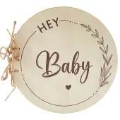 Round with Word Hey Baby Wood Baby Shower Guest Book Alternatives for Boy or Girl