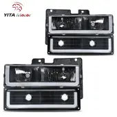 YITAMOTOR® LED DRL Headlights Assembly Compatible with 1990-1999 Chevy C/K C10 Suburban Tahoe GMC Yukon Headlight Headlamp Replacement Pair with Dayti