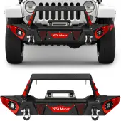 Front Bumper Compatible with 2007-2018 Jeep Wrangler JK & JKU Unlimited, Rock Crawler Bumpers w/Winch Plate & License Plate Bracket & LED Lights & D-R