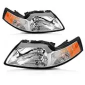 YITAMOTOR® Headlight Assembly Compatible with 1999-2004 Ford Mustang, Headlamp with Amber Reflector Chrome Housing - Driver and Passenger Side