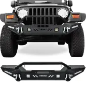 OEDRO  Front Bumper for 1987-2006 Jeep Wrangler TJ & YJ & LJ, Rock Crawler Bumper with Winch Plate Mounting & 4X LED Lights & 2X D-Rings