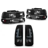 YITAMOTOR® 1999-2002 Chevy Silverado Headlights Lamps + LED Tail Lights Black
