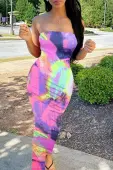 LW Casual Off The Shoulder Print Rose Red Ankle Length Dress