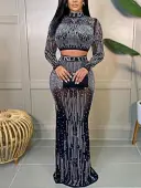 LW Sequined See Through Crop Skirt Set