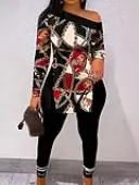 LW Plus Size Chain Print Side Split Pants Set 1X