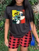 LW BASICS Trendy O Neck Plaid Eye Print Red Red Two Piece Shorts Set