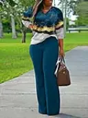 LW Plus Size V Neck Mixed Print side Split Pants Set 3X