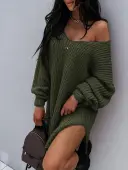 LW SXY V Neck Side Slit Loose Sweater