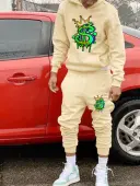 LW Men Crown Letter Print Kangaroo Pocket Tracksuit Set