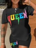 LW BASICS Plus Size Queen Letter Print Patchwork Shorts Set 2X