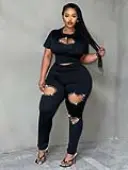 LW BASICS Plus Size Rhinestone Heart Decor Cut Out Pants Set 2X