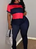 LW BASICS Plus Size Round Neck Striped Pants Set 3X