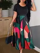 LW BASICS Round Neck Geometric Print Patchwork Dress