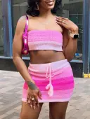LW Crop Top Knit Striped Drawstring Skirt Set