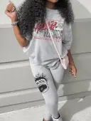 LW Pattern Letter Cartoon Print Two-piece Pants Set