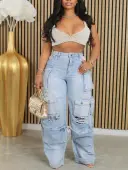 LW Plus Size Ripped Pocket Design Solid Jeans 1X