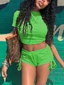LW BASICS Casual Polyester Round Neck Bandage Design Solid Color Short Sleeve Two-piece Shorts Set