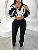 LW Casual Tatting Turndown Collar Patchwork Color Block Long Sleeve Two-piece Pants Set