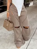 LW Zipper Design Solid Color Pants