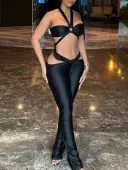 LW SXY Sxy Polyester Halter Bandage Design Cut Out Solid Color Sleeveless Two-piece Pants Set