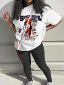 LW Sporty Polyester Round Neck Pattern Mixed Print Letter Short Sleeve Two-piece Pants Set