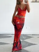 LW Vacation Polyester V Neck Pattern Medium Flower Print Sleeveless Two-piece Skirt Set