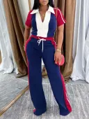 LW Street Polyester Turndown Collar Patchwork Color Contrast Short Sleeve Two-piece Pants Set